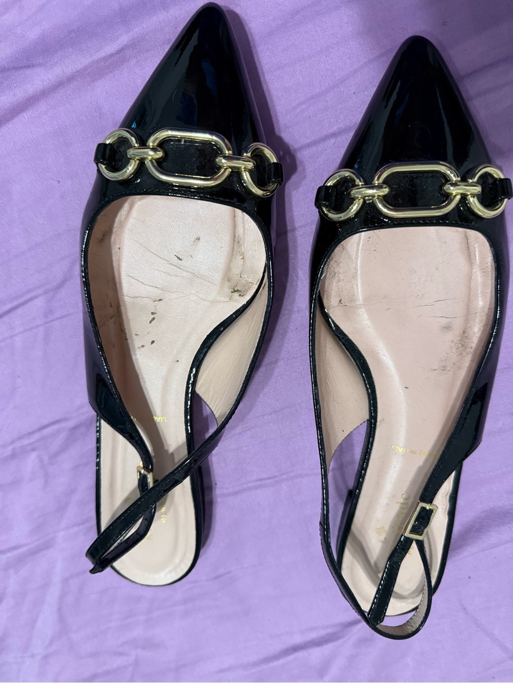 kate spade Black Patent Pointed Slingback Flats with Gold Chain Link